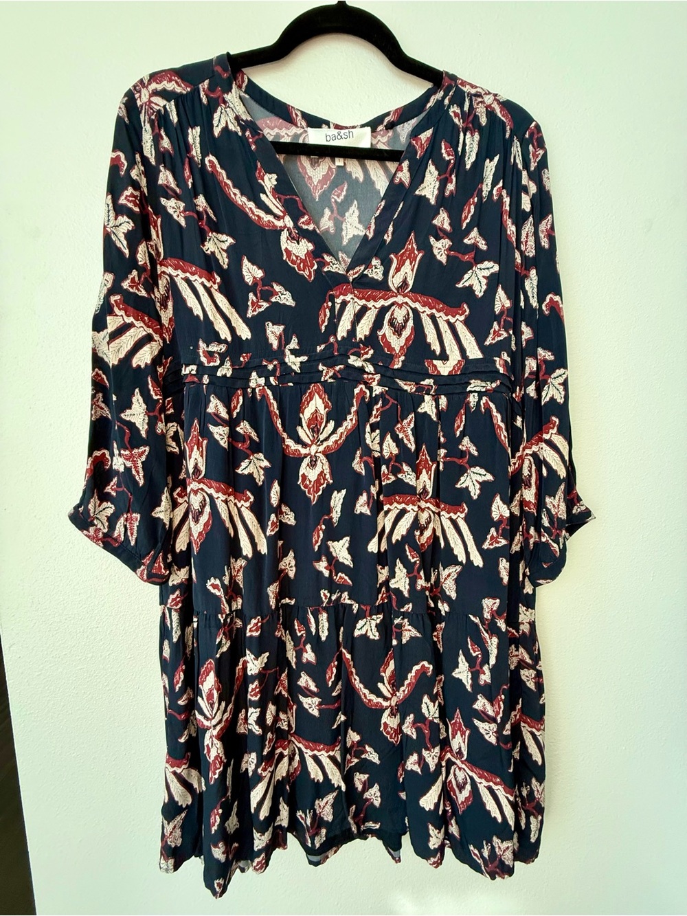 NWOT ba&sh Printed Calix Mini Dress in Navy Blue, Burgundy & Cream